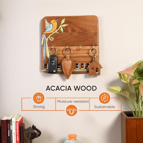 Image of AAKRITI ART CREATIONS Key Holder, Kyoku Hand Painted Wooden Key Holder with Colorful Bird Art | Rustic Akasia Wood Wall Organizer with 4 Hooks | New Home Gifts.