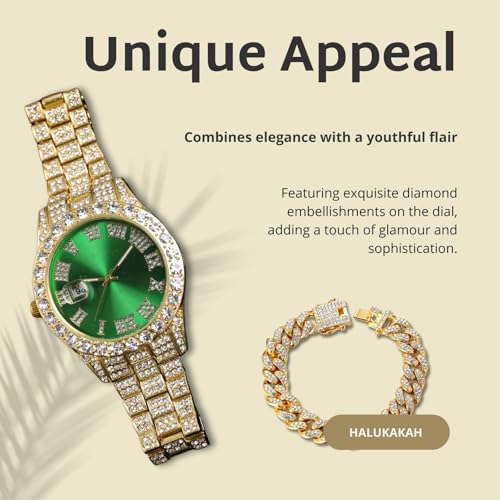 Image of Halukakah Diamonds Gold Watch Iced Out for Boy Teens Kids - 18K Real Gold /Platinum Plated,42mm Blue /Green /Red Dial,Japanese Quartz - 8 inch Length - Optional with Cuban Link Chain,with Watch Adjuster Tool