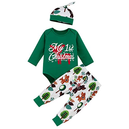 Preisvergleich Produktbild WEXCV Neugeborenes Baby Mädchen Jungen Kleidung, Weihnachten Outfit Langarm Weihnachtsmann Drucken Romper Strampler Top + Hosen + Weihnachtsmütze 3pcs Weihnachten Outfits Kleidung Set