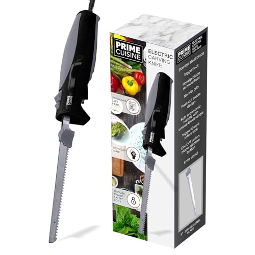 Recopilación de Cuchillos eléctricos Top 10. 41 Prime Cuisine - Cuchillo eléctrico con cable, hoja de acero inoxidable de 9 pulgadas, agarre antideslizante, piezas aptas para lavaplatos, seguridad de bloqueo de gatillo | Mango...