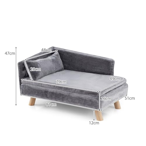 GYMAX Hundesofa erhöht, Katzensofa mit Rückenlehne, Kiefernholzbeinen & abnehmbaren Kissen, Haustiersofa für mittlere Hunde unter 50 kg, Hundebett, Hundecouch, 81 x 51 x 47 cm (Grau)
