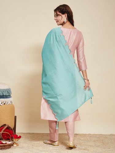 Image of MOKOSH Women's Silk Embroidery Kurta Pant with Dupatta | Kurta Set | Sweetheart Neck | 3 Piece Outfit | 3 /4 Sleeve Ethnic Suit