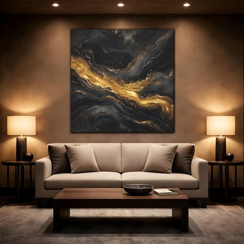 Tableau abstrait marbre noir et or 35x35 cm pour décoration murale de salon