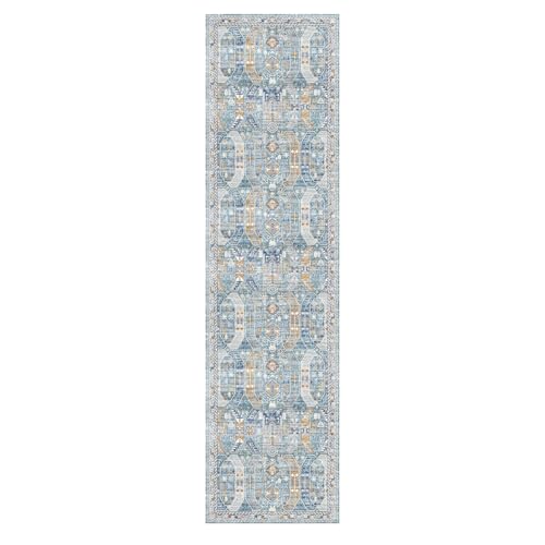 Madane Runner Rug 2x8, Washable Hallway Runner Rugs, Non-Slip Low-Pile Soft Kitchen Rug Runner Laundry Room Rug, Vintage Throw Entry Foyer Mat for Entrance Living Room (Blue/Gold, 2 x 8)