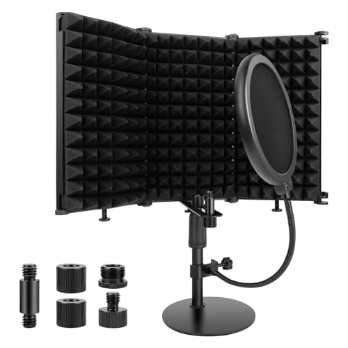 Rigych Microphone Isolation Shield, 3 Panels Sound Proof Mic Shield with Mic Stand and Pop Filter, High Density Absorbent Foam Mic Isolation Shield for Recording