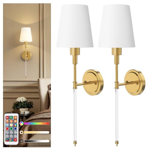 Image of DORESshop Battery Operated Wall Sconce Set of 2, Wall Light Wireless Easy to Install, Dimmable and Adjustable Sconce Wall Decor, Rechargeable Wall Lamp for Bedroom, Living Room, Gold and Glass 24.6in