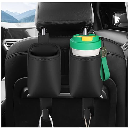 2-Pack Car Seat Back Cup Holder Organizer, Faux Leather Car Cup Holders with Hooks, Universal Backseat Storage for Drinks, Bottles & Travel Accessories (Black-2)