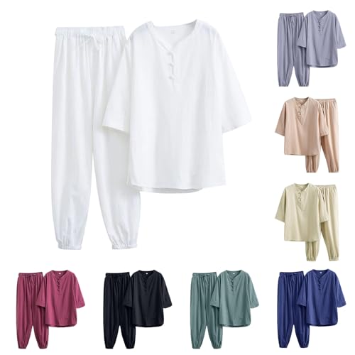 Men's Beach Clothes 2 Piece Outfits Sets Casual Short Sleeve Henley Shirt Yoga Loose Pants Summer Solid Linen Suit3