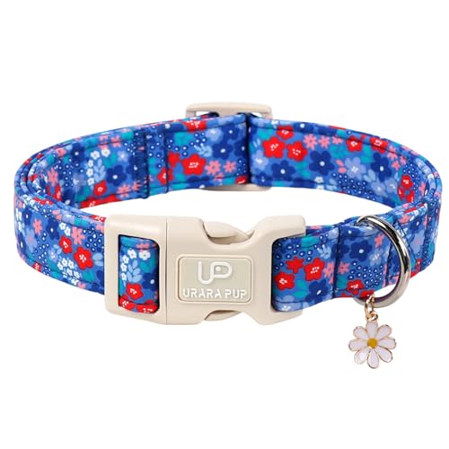 Image of Blue Floral Dog Collar, Summer Spring Adjustable Cotton Floral Collar with Daisy Charm Pendant, Quick Release Buckle, Soft Wildflowers Puppy Collar for Small Medium Large Dogs