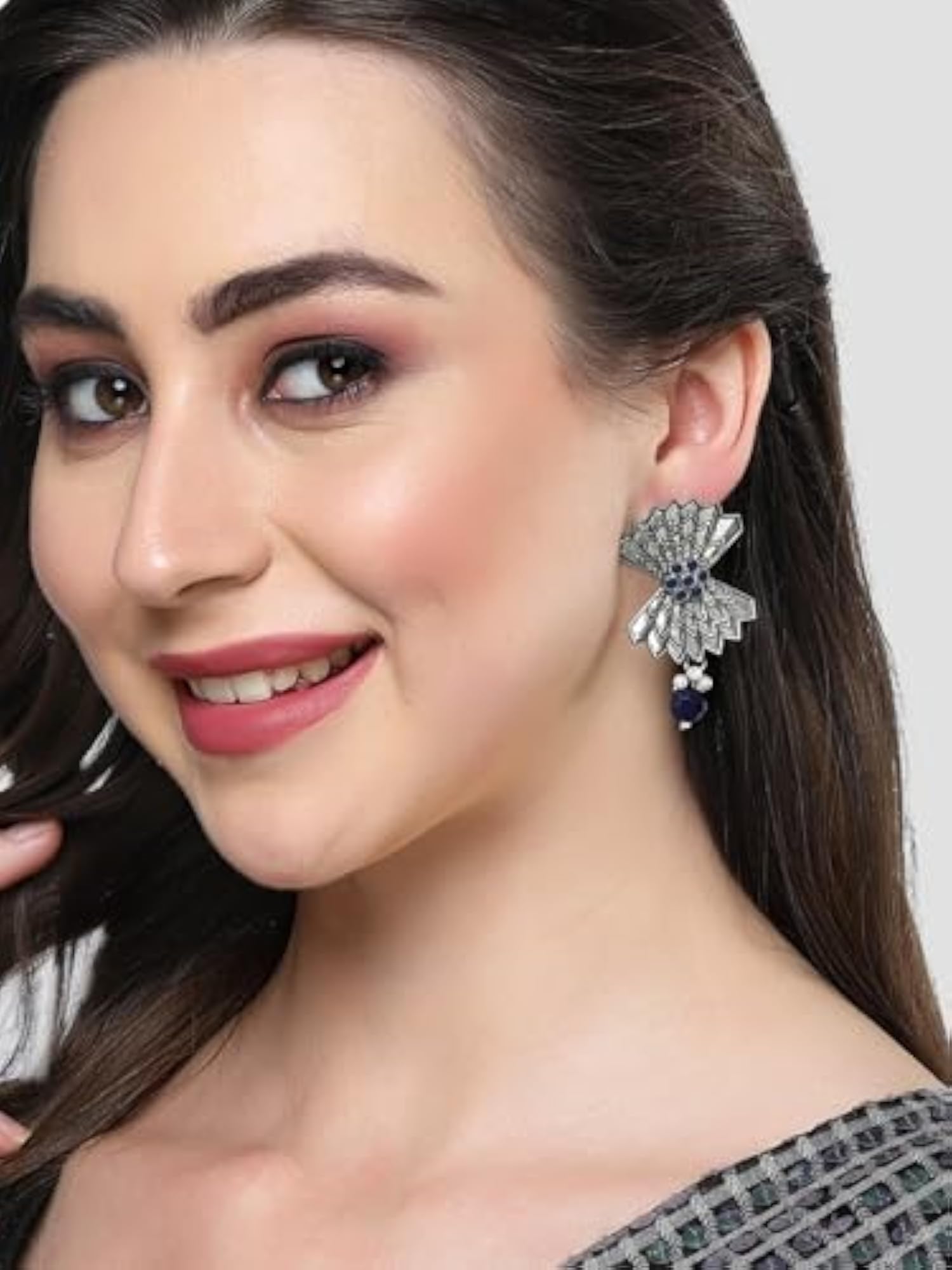Women's Oxidised Silver Blue Stone Stud Earrings
