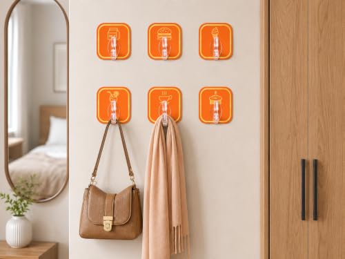 Image of 6 PCS Self Adhesive Wall Hooks Heavy Duty Waterproof Oil Proof No Drill Wall Hanger for Bathroom Kitchen Office Bedroom Coat Towel Keys Bags (6 Pcs, Orange Color)