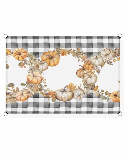Fall Thanksgiving Outdoor Patio Sun Shade Sail 6.5' x 10' Rectangle Waterproof Sun Sail Shades UV Block Sunshades Autumn Pumpkin Leaf Black White Buffalo Check White Patio Shade for Backyard Garden