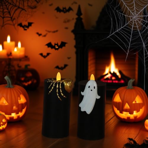 Image of Halloween Flameless Candles with Remote & Timer, Real Wax Hand-Carved Painted Ghost Spider LED Candles for Home Party Haunted House Horror Theme Halloween Decor, 3 inch x 7 inch Set of 2