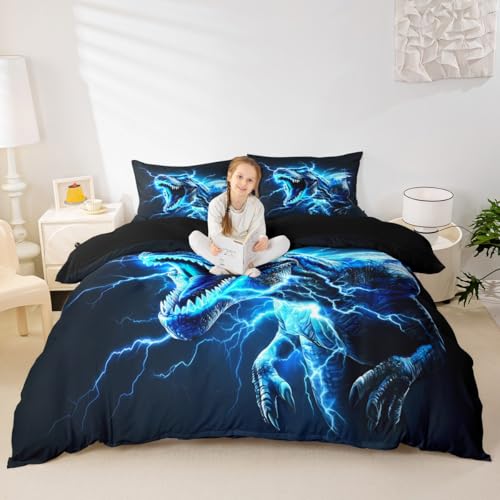 Housse de couette dinosaure 3D bleu éclair anti-plis pour lit simple - 5