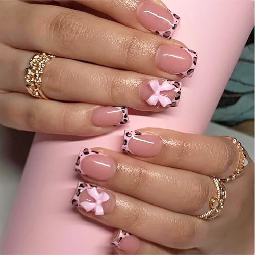 TELAIN 24 pezzi Leopard French Tip Press-on Unghie corte quadrate finte, rosa lucido, copertura completa per unghie nude da incollare, graziose unghie finte