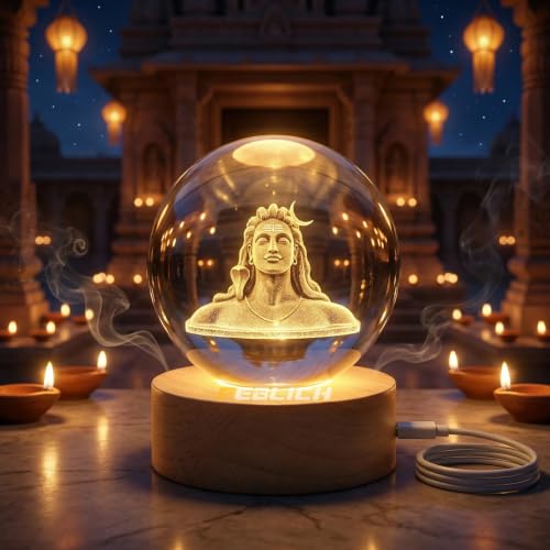 Image of 3D Adiyogi Crystal Ball Night Lamp | Shiv Crystal Ball Night Light | Solar System USB Table Colorful LED Wooden Crystal Ball For Home, Office, Birthday Gift