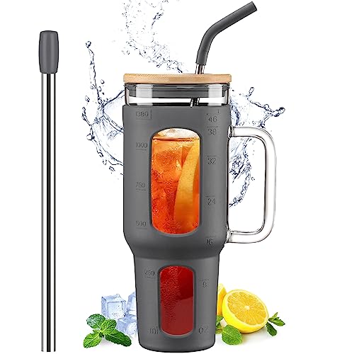 WINSA Glass Tumbler with Lid and Straw, 46 oz Iced Coffee Cup with Handle, Large Water Bottles with Silicone Sleeve, Glass Cup with Straws - Pearl Straw & Drinking Straw BPA Free-Grey