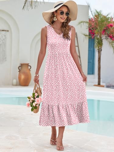 Image of AUSELILY Womens Summer Maxi Dress Casual Sleeveless V Neck Floral Dresses | A line shape with practical side pockets, Vacation dress for resort walks, Pair with low heels and simple jewelry