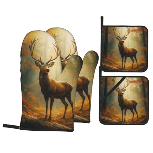 Deer in Sunbeam Forest Oven Gloves Heat-Resistant Kitchen Baking Four Piece Set