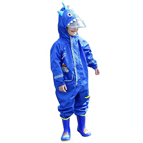 TURMIN Chubasquero Impermeable Niños, Poncho con Capucha de Lluvia Siamesa Encapuchado Dibujos Dinosaurio contra Viento y Lluvia al Aire Libre Transpirable 3 hasta 10 Años-Azul-L Cover