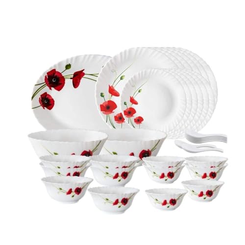 Image of Larah by Borosil Red Carnation Opalware Dinner Set, 33-Pieces, White