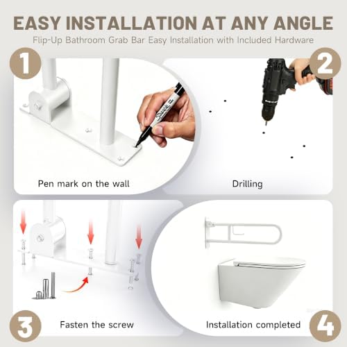 30.3 Inch Toilet Grab Bar, ROYSRHXB White U Shaped Flip Up Safety Rails with Toilet Paper Holder, Heavy Duty Stainless Steel Bathroom Support Handle with Anti Slip Knurled Grip for Elderly Seniors — view 4