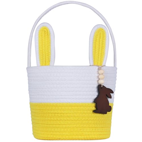 Image of Easter Basket, Empty Easter Baskets for Kids Boys Girls with Bunny Tag Egg Basket Eater Gifts Basket Toddler Teens Babys First Easter Basket with Handle Yellow