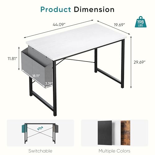 Image of OLIXIS Computer Desk, 44 Inch Gaming Desks for Home Office Small Spaces | Writing Study Craft Work Table, Computer Workstation for Bedroom with Storage Bag, White