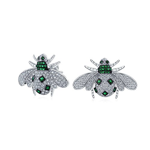 Garden Cubic Zirconia Pave Green White Simulated Emerald CZ Queen Bumble Bee Stud Earrings For Women 925 Sterling Silver