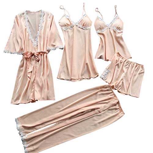 riou Conjunto de lencería Mujer,Ropa Interior Encaje Erotica Moda Sexy Ropa de Dormir camisón Kimono Cardigan túnicas Vestido Sedosa cómoda 5 Piezas Atractiva Babydoll Pijamas