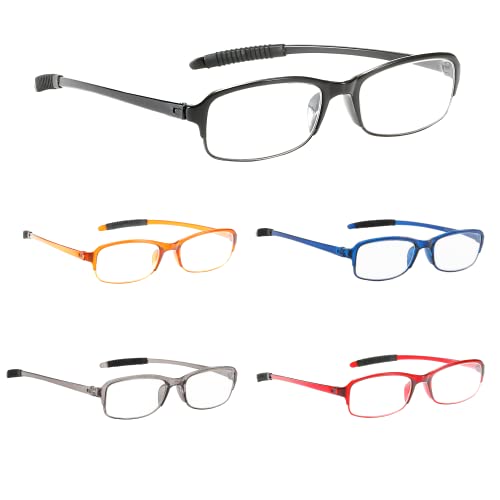 NRDIK PROFLEX Gafas de lectura flexibles (paquete de 5), antichoques, antiarañazos, antideslizantes, unisex (mujeres y hombres) (Oval, BLK, GRY, BRN, RED, BLU; +3.5)