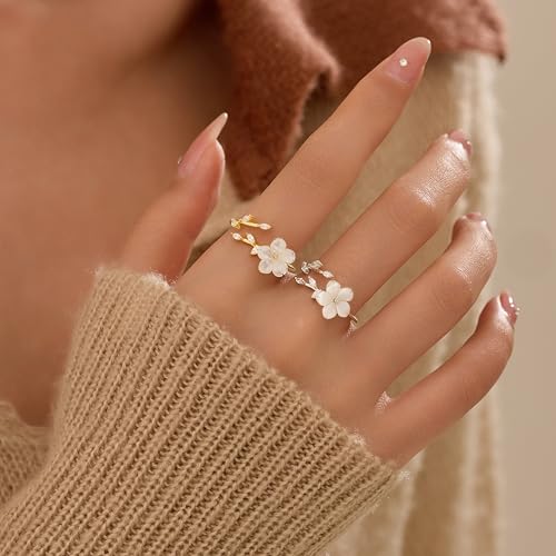 925 Sterling Silver Dainty Flower Ring for Women 14k Gold Plated Sparkling White Cubic Zirconia Leaf Ring for Mother Daughter Elegant Wedding Statement Jewelry Open Wrap Finger Band Christmas Gift 5