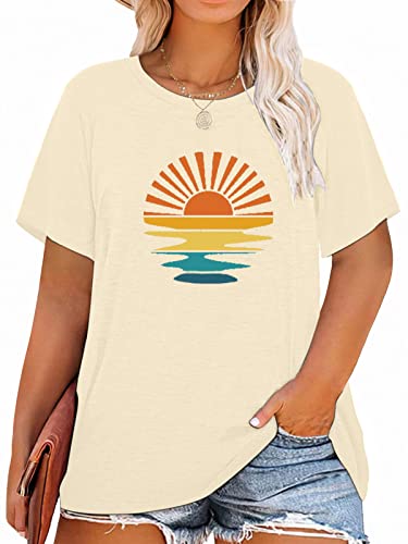 Image of MK Shop Limited Plus Size Tops for Women Cute Vintage Graphic Tee Sunrise Camping Funny Print Casual Nature Travel Shirt