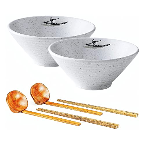 Lot de 2 bols à ramen en céramique de 22.9 cm, lot de 6 bols à nouilles, grand bol japonais à ramen avec cuillères, fourchettes et baguettes 1650 ml, pour céréales, pâtes, Pho(22.9 cm, blanc) Cover