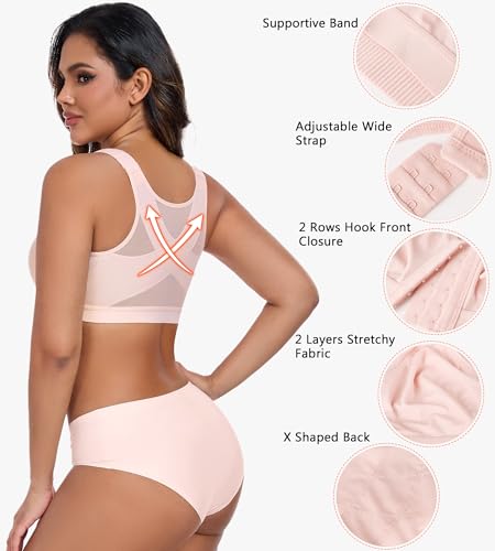 Image of HACI Women's Front Closure Posture Bra Full Coverage Back Support Wireless Comfy Unpadded(Pink,34C)