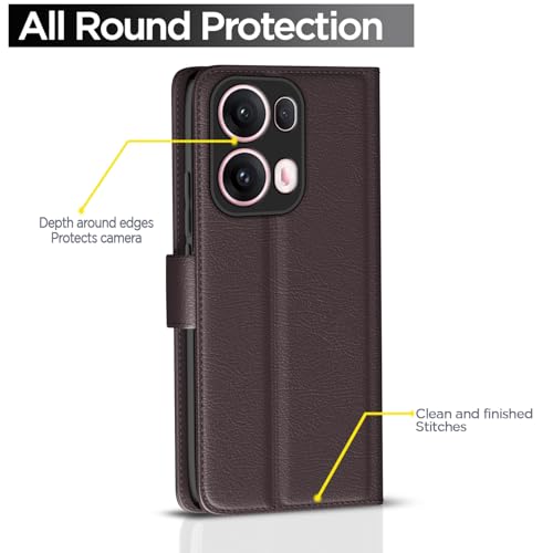 Image of Pikkme Flip Cover Leather Finish | Inside TPU with Card Pockets | Wallet Stand and Shock Proof | Complete Protection Button Flip Case for Oppo Reno 13 Pro 5G(Coffee)