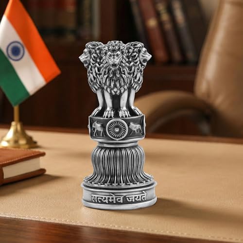 Image of Artarium Handcrafted Ashoka Ashok Pillar Idol Pillar Statue Showpiece for Car Dashboard Home Office Decor Table Showpiece Corporate Gifting (4 Inch, Silver)