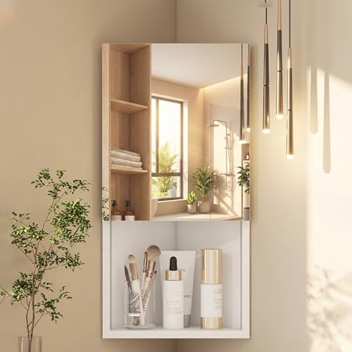 3 Shelves Corner Bathroom Mirror Cabinet Wall Mounted Bathroom Cabinet with Mirror Single Door Wooden Storage Cupboard Bathroom Storage Unit with Adjustable Shelf Open Compartment White 30x24x60cm