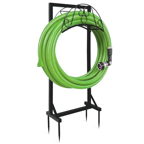 Grandhom Support de Tuyau d'Arrosage sur Pied, Dévidoir de Tuyau Portable en Métal, Monté au Sol avec 4 Ancrages et Support Triangulaire, Robuste, pour...