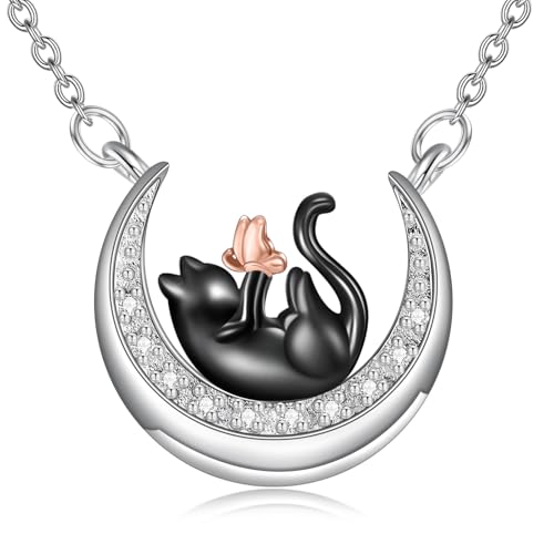 LWXIE Diamond Black Cat Necklace 925 Sterling Silver Cute Animal Pendant for Women Jewelry Gifts for Anniversary