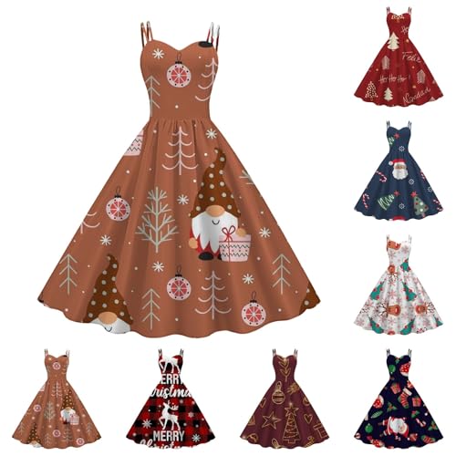 Weihnachtskleider für Damen, Motiv: Schneeflocke, Weihnachtsmann, Rentier, Weihnachtsbaum, Swing-Kleid, Doppelter Spaghettiträger, Cocktailkleid,...