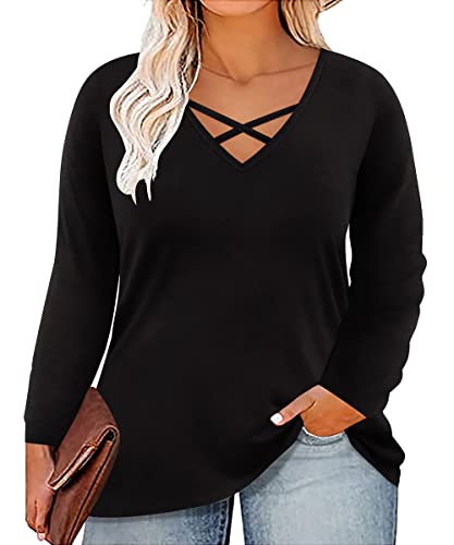Image of CARCOS Plus Size Tops for Women Long Sleeve Fall Tunic Color Block Camo /Plaid /Leopard /Fall Blouse Crewneck Tshirt XL-5XL