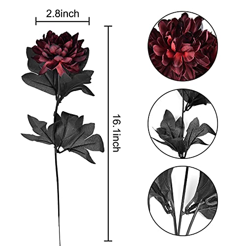 Hamore 10Pcs Burgundy Flowers Wine Red Dahlias Flower Faux Dahlia Stems Artificial Silk Dahlia Bouquet Long Stem Flowers For Halloween Wedding Bridal Bouquet Harvest Table Centerpieces Home Decor, 16" #TOP3