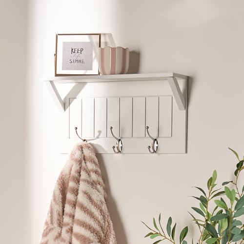 OHS Coat Rack Wall Mounted Coat Hooks with Shelf and 3 Hooks Wooden Floating Shelves Display Shelf Key Holder Clothes Rail for Entryway Bedroom Bathroom White