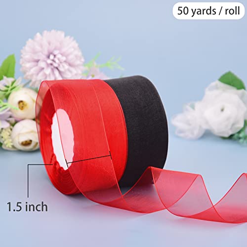 Hapeper 2 Rolls 1-1/2 Inch Sheer Organza Chiffon Ribbons Gift Wrapping Ribbon Mesh Ribbon (Red, Black) #TOP2