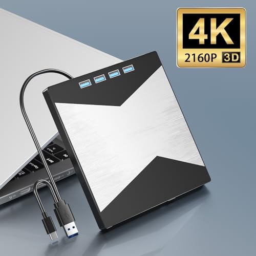 Image of Wbacon 4K External Blu Ray Drive, USB 3.0 & 4 USB Ports 3D Blu Ray Drive