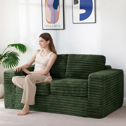 Image of MAXYOYO Loveseat Sofa Couch, Upholstered Bean Bag Chair Cloud Seat for Adults, Boneless Couch with Cushion & Pillows, Sofa in A Box, No Assembly Required, Faux Fur Green