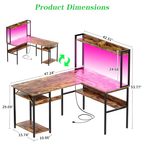 Hyomdeck L Shaped Computer Desk with Hutch and Storage Shelves, Gaming Desk with LED Lights, Reversible L-Shaped Desk with Power Outlets, Home Office Desk, Corner Desk, Rustic Brown