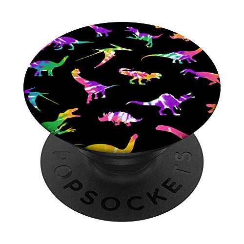 Colorful Tie Dye Hippie Dinosaur Pattern on Black PopSockets PopGrip: Swappable Grip for Phones & Tablets
