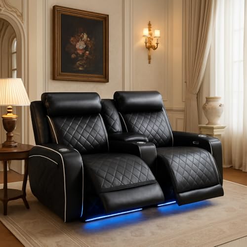 Image of Leather Recliner Loveseat Set, Power Black Leather Sectional Set with LED Light, Living Room Furniture Sets 2 Seats, Power Reclining Sofa Sets with Storage Console /Cup Holder for Living Room